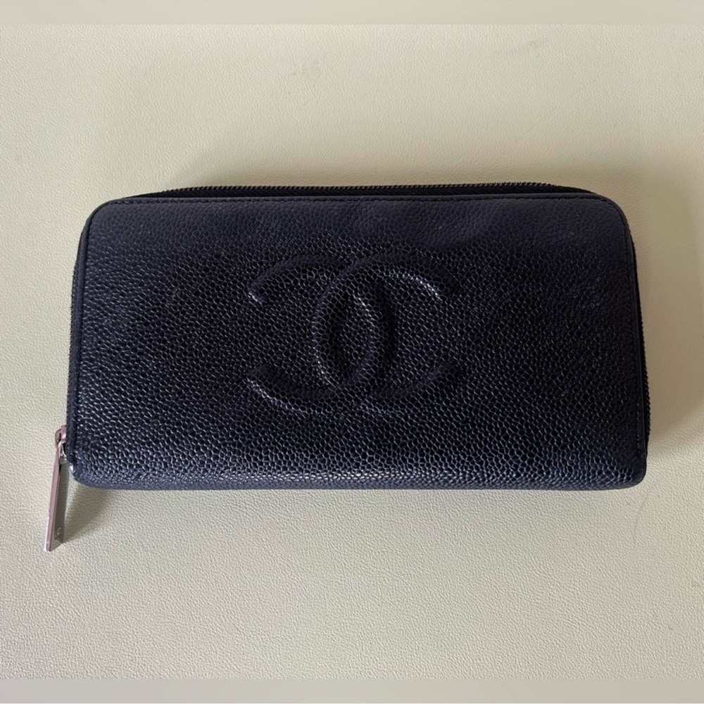 Chanel Black Caviar CC Logo Long Zip Wallet Clutch